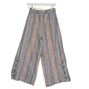 Madewell Linen Blend Pants Huston Pull-On Side-Button Crop blue Stripe size XS.